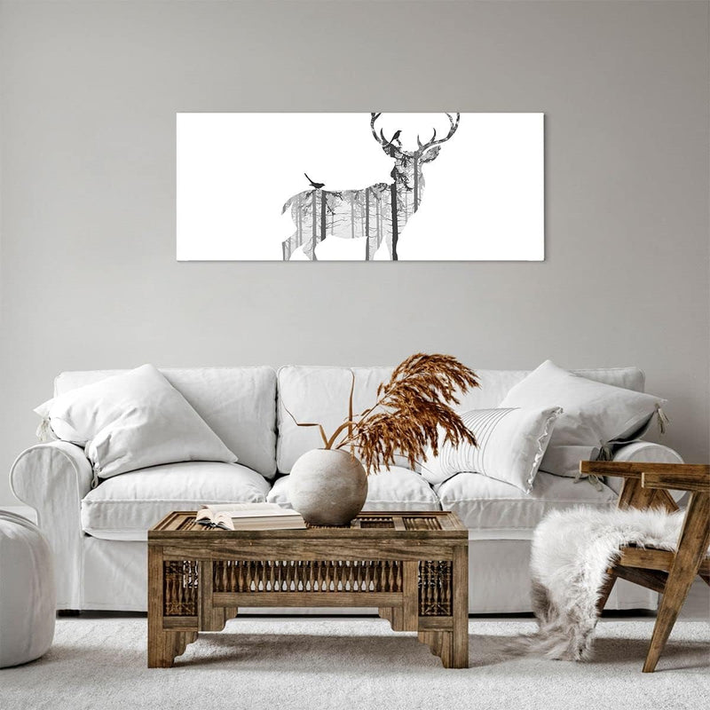 Panorama Bilder auf Leinwand 100x40cm Leinwandbild Hirsch Herbst Wald Illustration Gross Wanddeko Bi