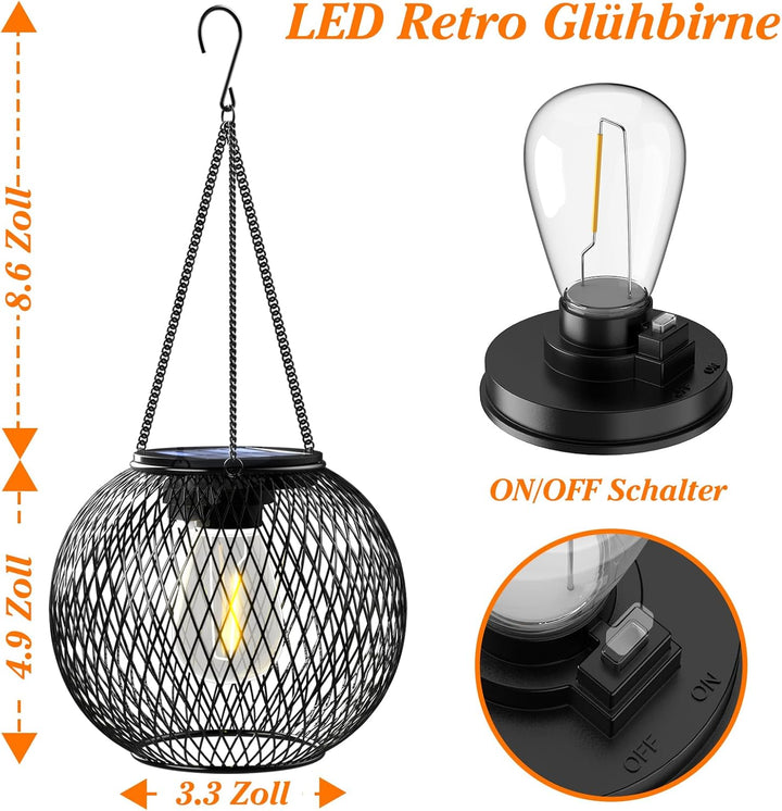 KagoLing Solarlampen für Aussen Hängend | 2 Stück | Schwarz| Solar-Laternen mit LED-Glühbirne | Late