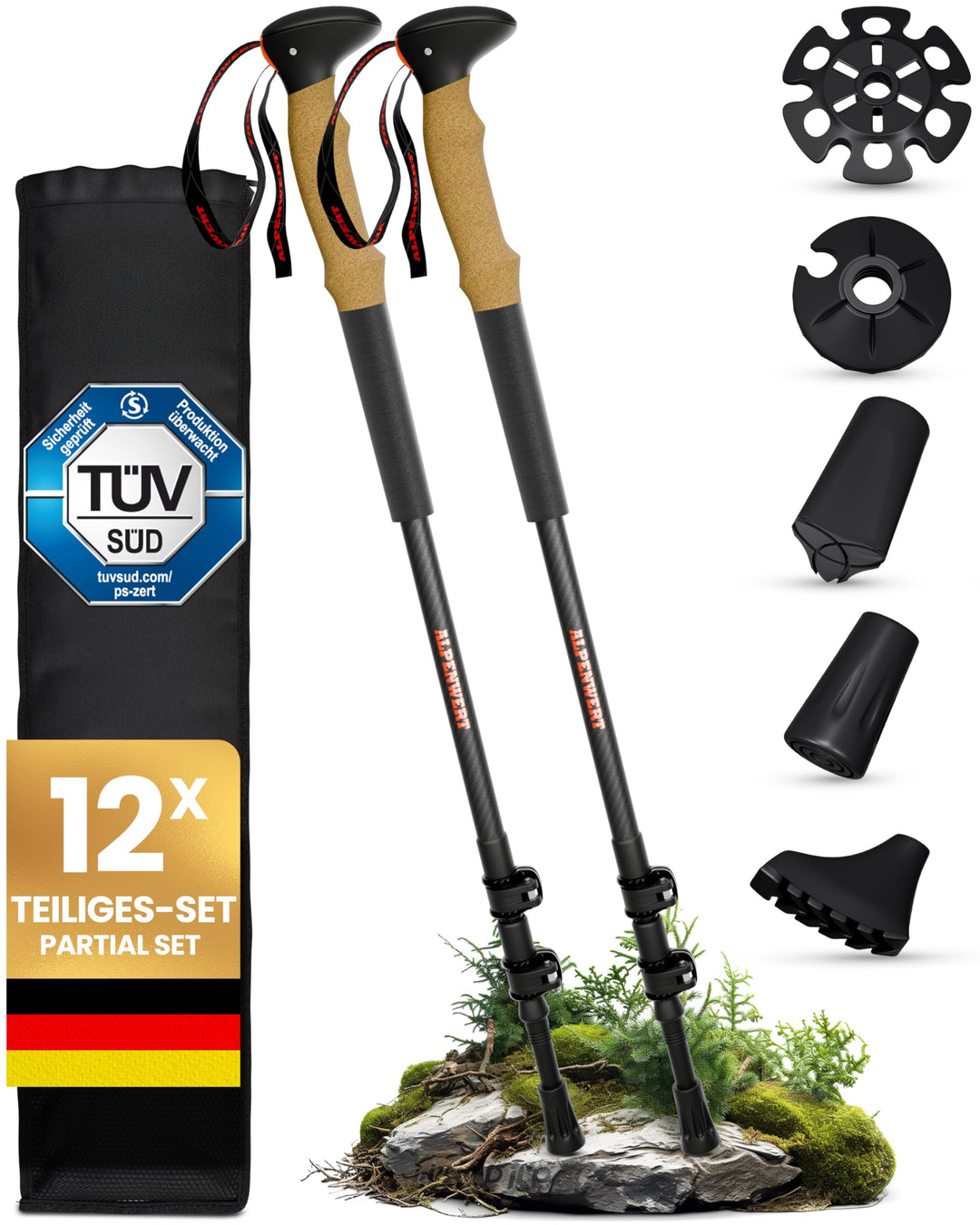 ALPENWERT Wanderstöcke [Carbon oder Aluminium] Walking Stöcke für Damen und Herren - Teleskop Trekki