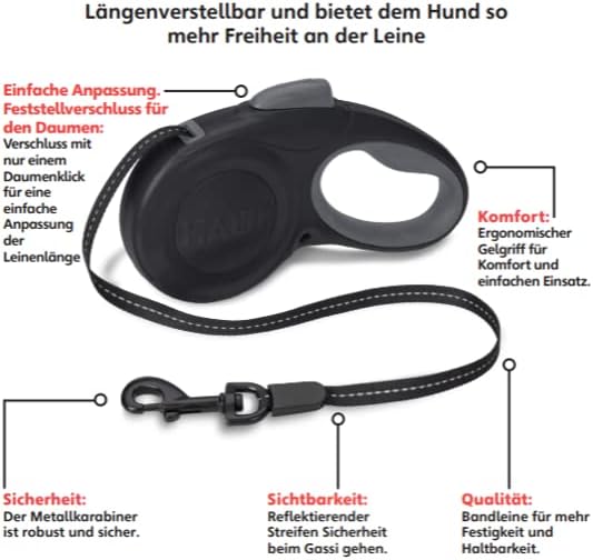HALTI Rollleine - Hundeleine mit Reflektorgewebe, ergonomischer weicher Gelgriff und patentierte ein
