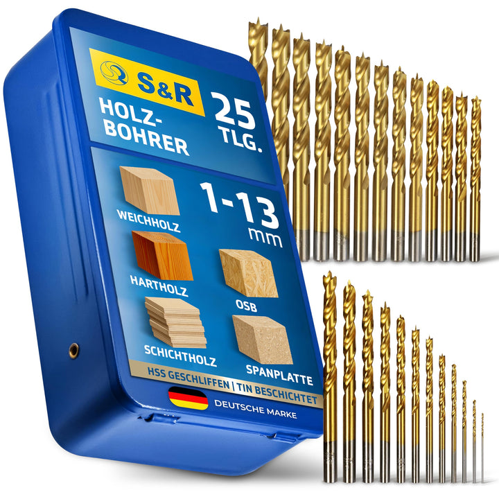 S&amp;R Holzbohrer-Set, Dübelbohrer-Satz 25-tlg 1-13 mm, Industriequalität, HSS-G 4241 Stahl, TiN-Beschi