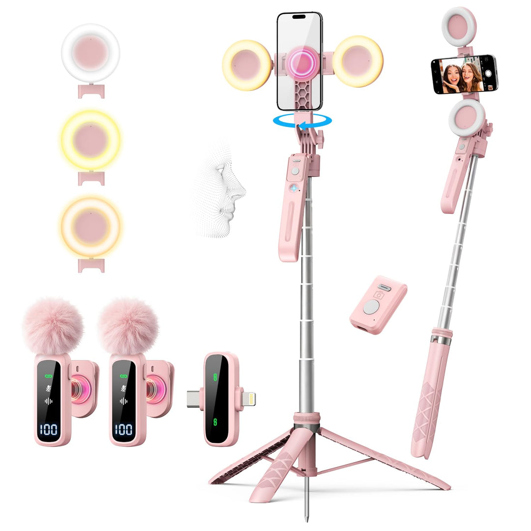 yAyusi Rosa Vlogging-Kit für iPhone/Android, 180cm Magnetisch Auto Face Tracking Handy Stativ für iP