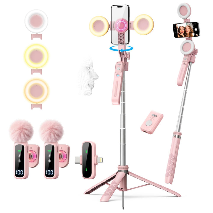 yAyusi Rosa Vlogging-Kit für iPhone/Android, 180cm Magnetisch Auto Face Tracking Handy Stativ für iP