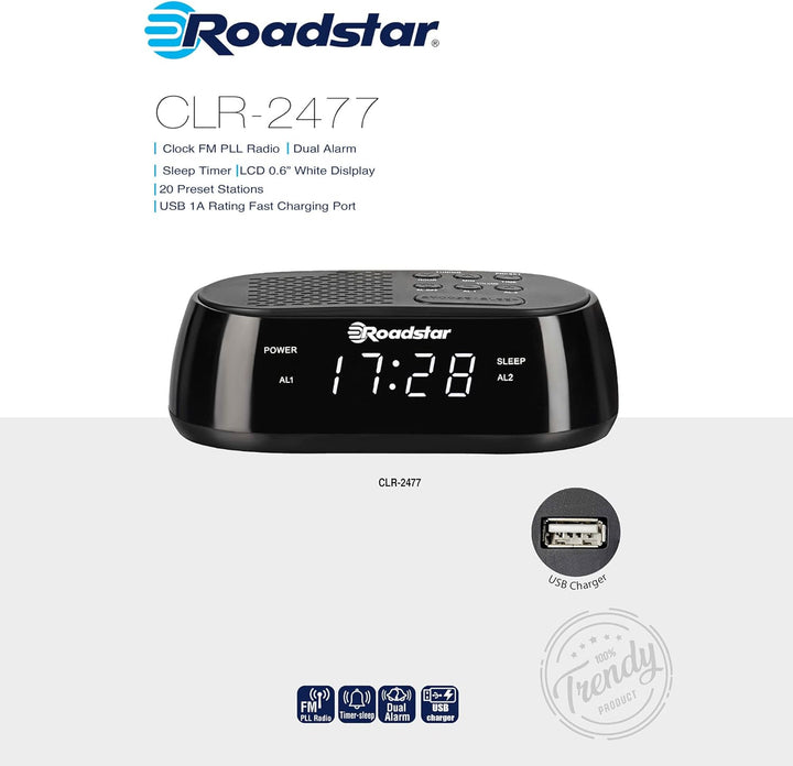 Roadstar CLR-2477 Radiowecker, Digitaler Radio PLL-FM, Zwei Weckzeiten und Schlaf Timer, USB-Anschlu