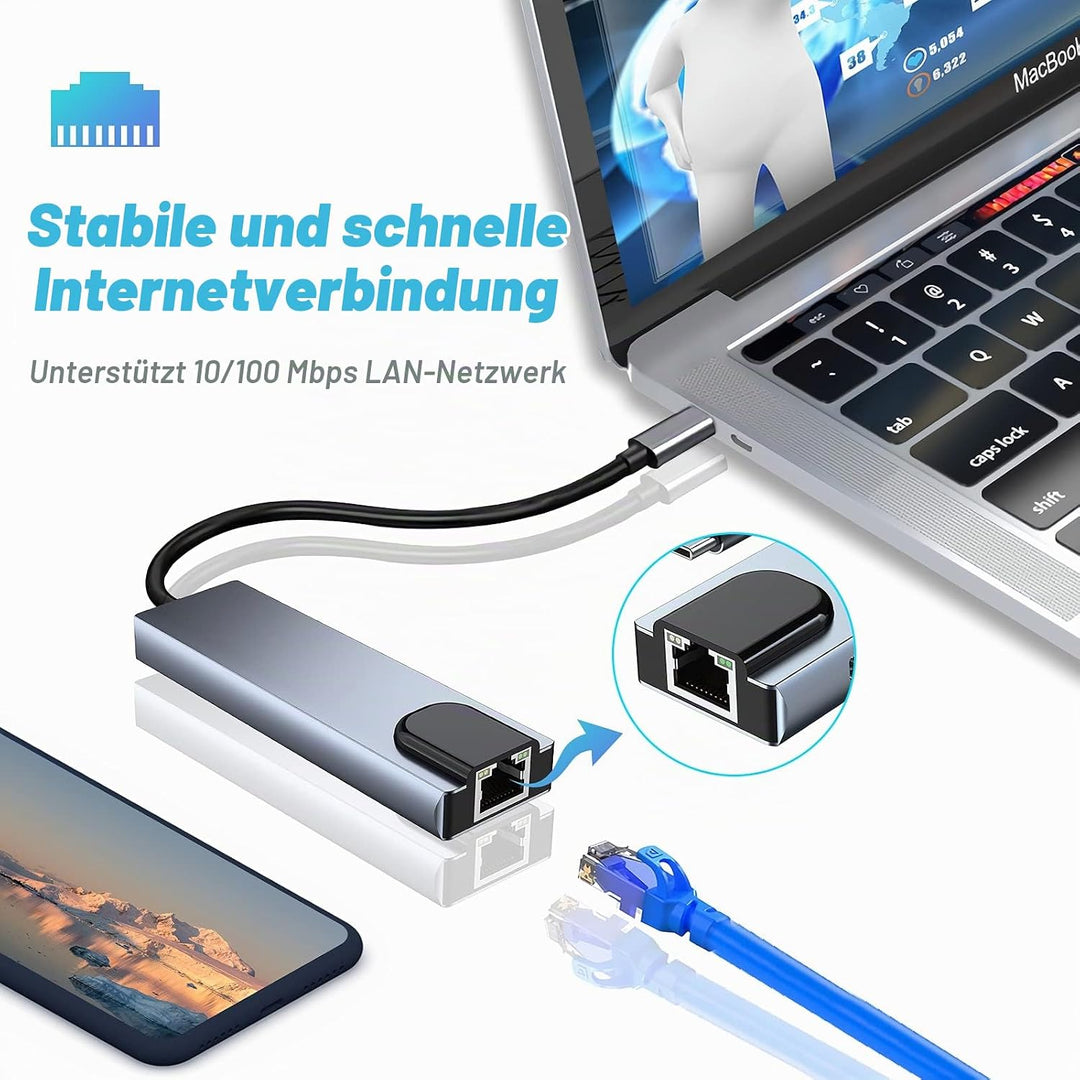 USB C Hub Multiport Adapter, 5 in 1 USB C Docking Station mit 4K HDMI, RJ45 Ethernet, USB3.0, 100W P