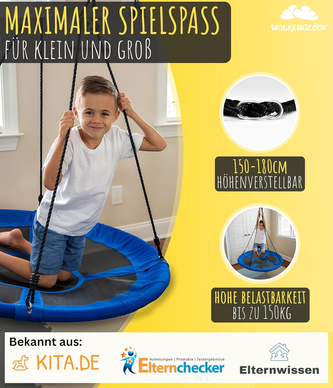 WOLKENGLÜCK® Nestschaukel [Ø 60 cm] - Höhenverstellbare Schaukel Outdoor & Indoor für Kinder und Erw