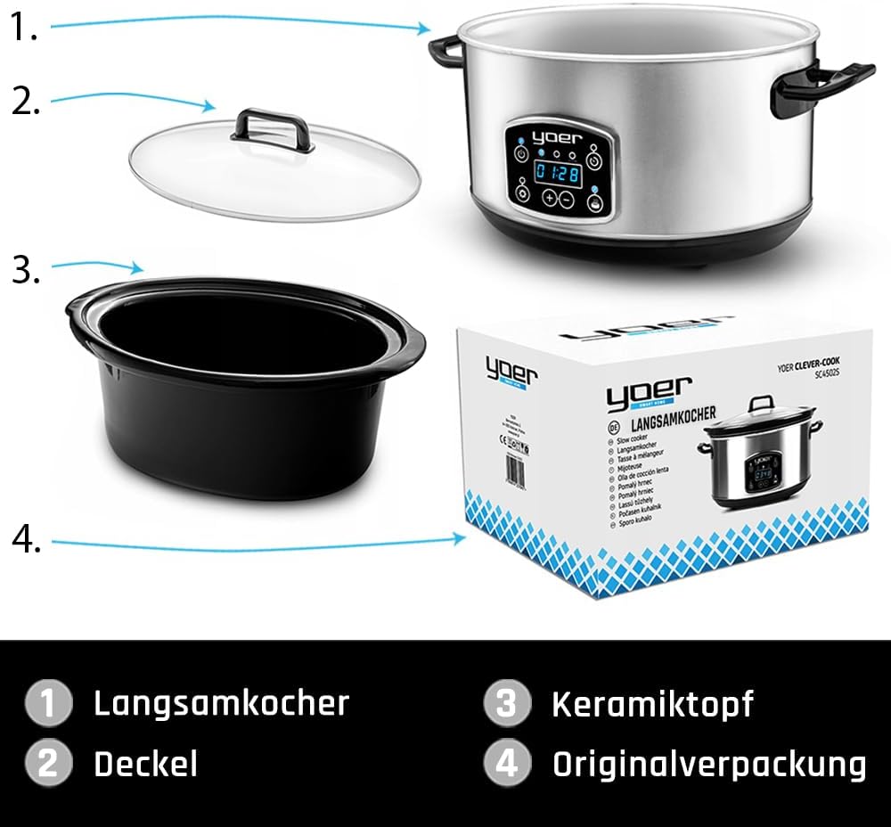 Yoer Clever-Cook SC4502S, Slow Cooker, 280W, 4,5L, Multifunktional, ECO, 16-Stunden-Timer, LCD-Displ