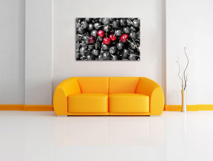 Viele leckere Kirschen schwarz/weiss Format: 100x70 auf Leinwand, XXL riesige Bilder fertig gerahmt