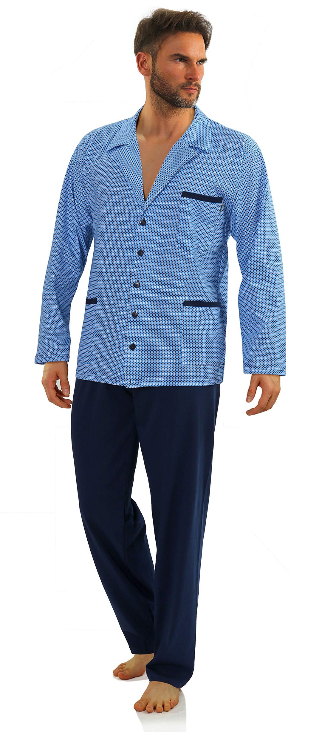 sesto senso Herren Pyjama mit Knopfleiste Lang Baumwolle Schlafanzug Knöpfen L T-shirt - Muster Blau