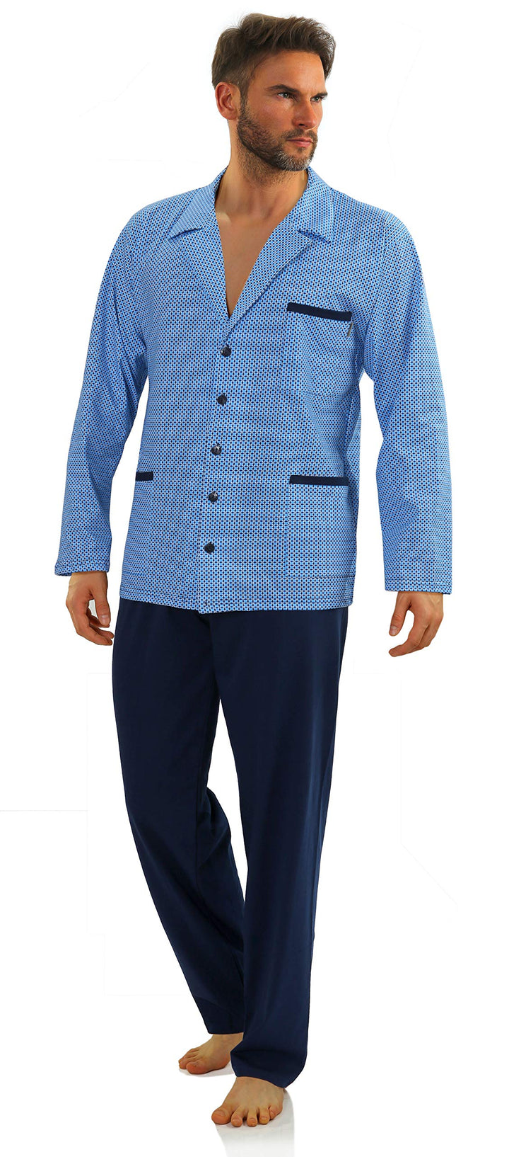 sesto senso Herren Pyjama mit Knopfleiste Lang Baumwolle Schlafanzug Knöpfen L T-shirt - Muster Blau