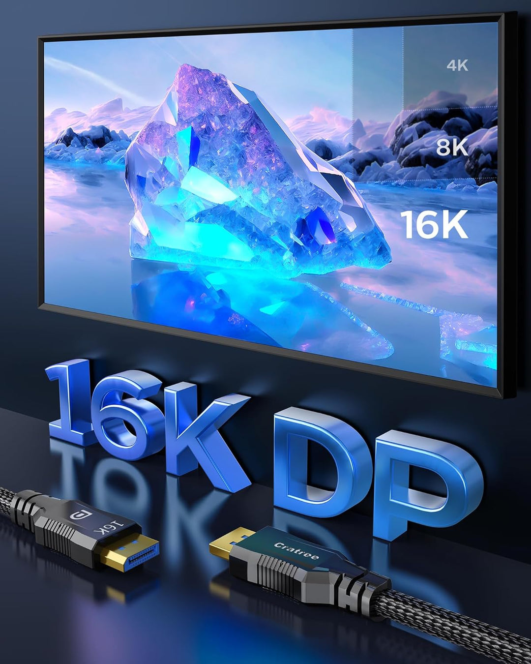 Cratree DisplayPort Cable 2.1 3M - 16K DP to DP - 16K 30Hz, 8K 120Hz, 4K 65Hz/144Hz, 80Gbps - Compat