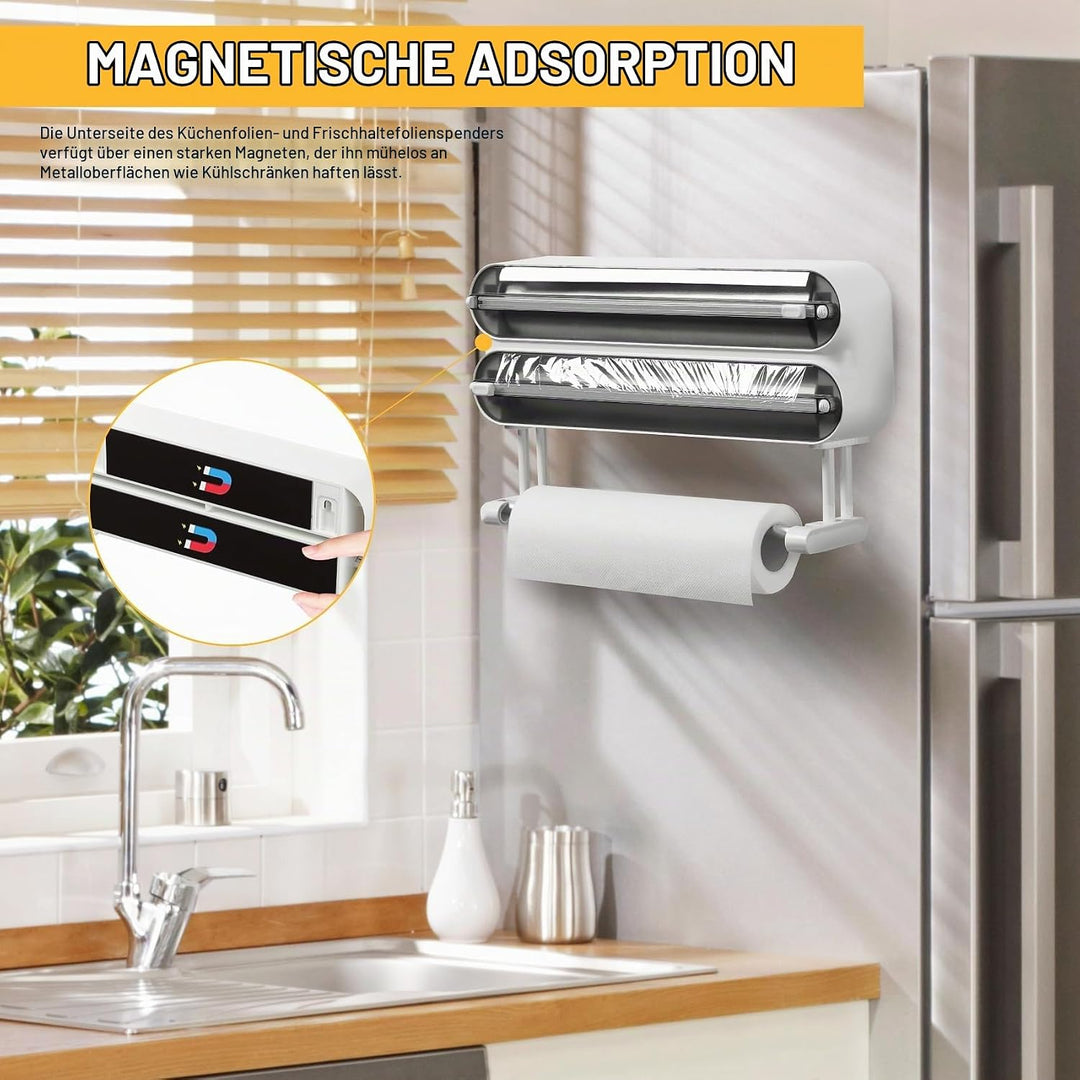 3-in-1 Frischhaltefolienspender mit Küchenrollenhalter - Platzsparender Wandrollenhalter, magnetisch