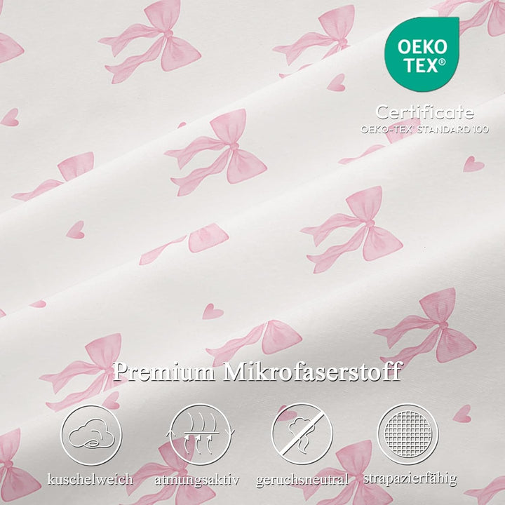 Freyamy Schleife Bettwäsche 135x200cm 2teilig Beige Rosa Schleifen Herz Mädchen Wendebettwäsche Set