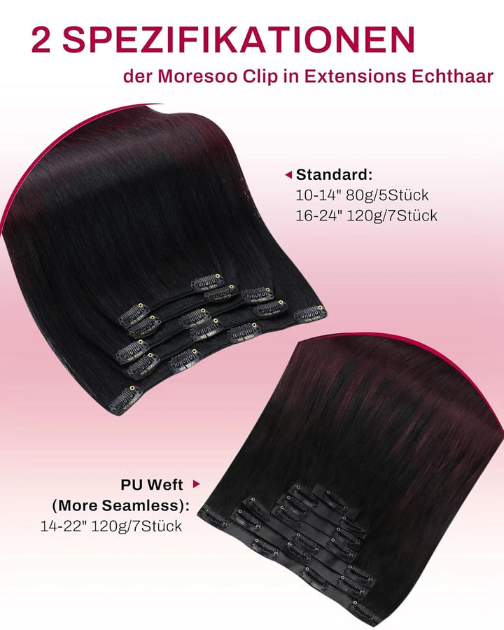 Moresoo Clip Extensions Echthaar Weinrot Haarextension Echthaar Clip in Remy Echthaar Extensions 35