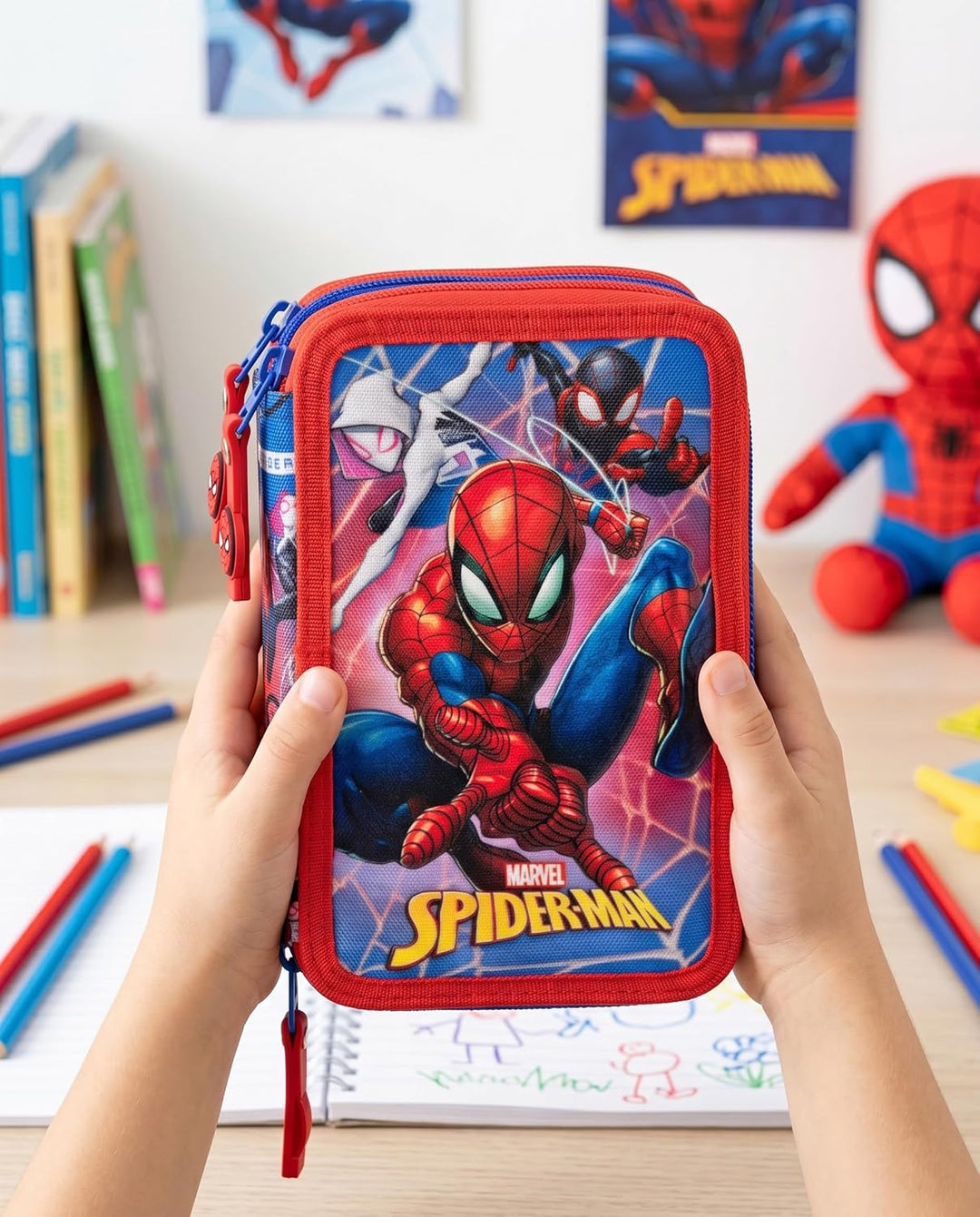 3-Fach Federmäppchen Jungen Gefüllt für Spiderman Fan – Schulmäppchen Set 46 Teile mit Radierbaren S