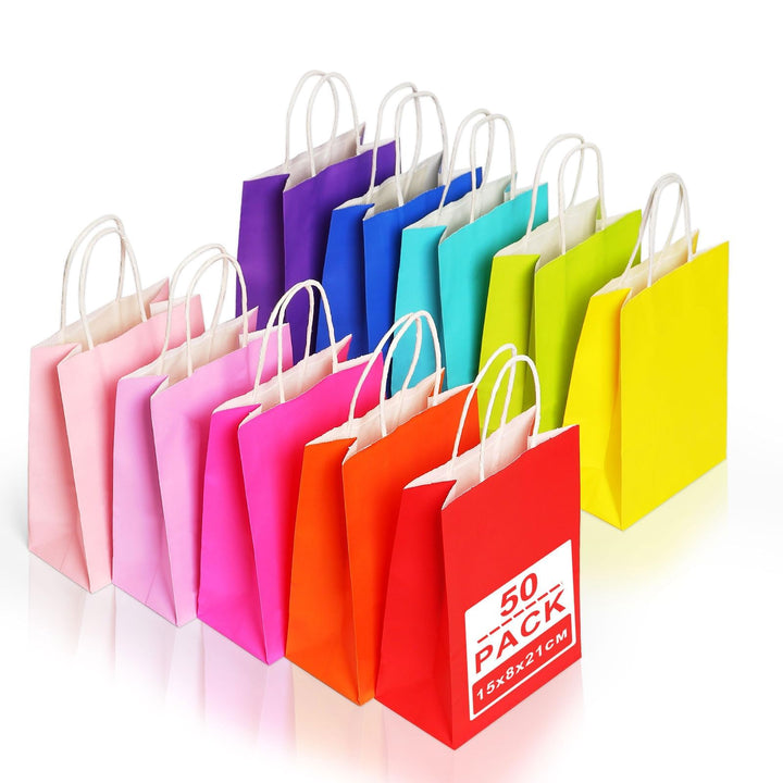 Gucass 50 Stück Klein Papiertüten mit Henkel, Bunt Kraft Papiertaschen Geschenktüten, 15x8x21cm Papi