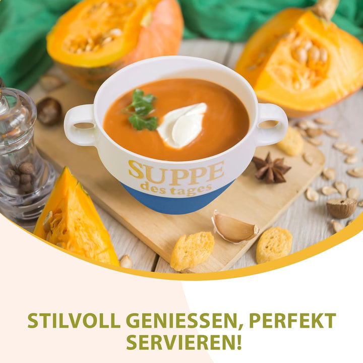 DRULINE 4 Stück Suppentasse aus Keramik mit Schriftzug Suppe des Tages Ø 13 cm Blau 4 Stück Blau, 4