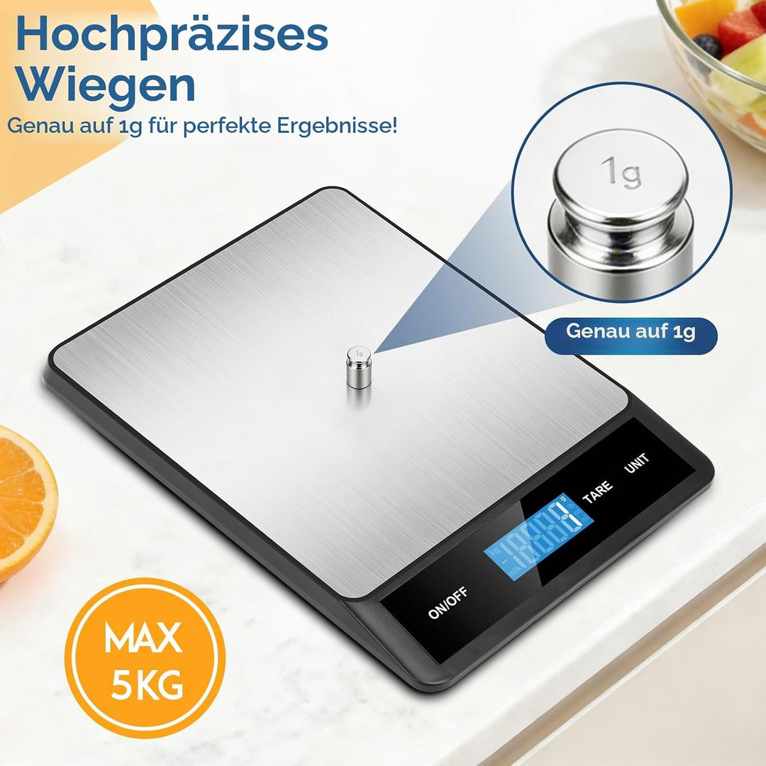 Zivacate 15kg Digitale Küchenwaage, 1g Präzision, Küchenwaage mit LCD Display, Grosse Edelstahl Wieg