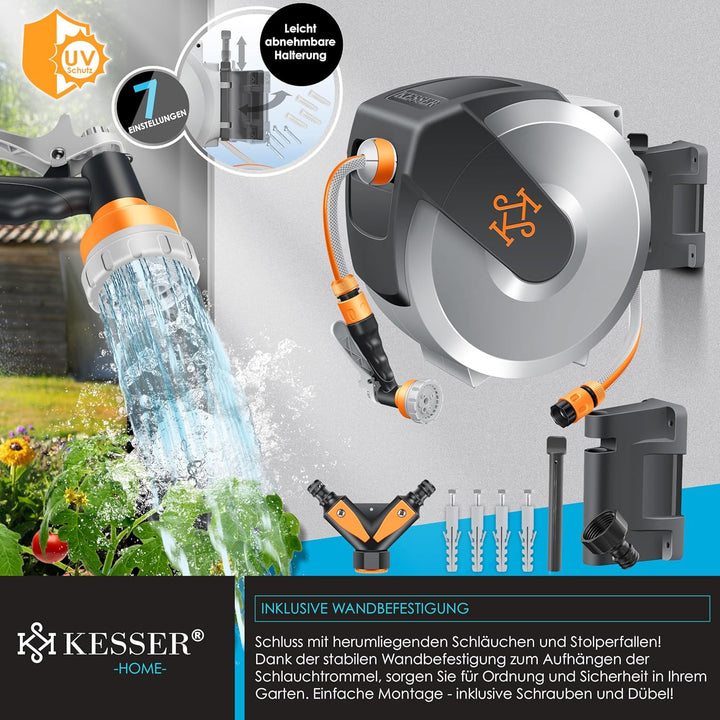 KESSER® Schlauchtrommel mit Gartenschlauch 25m | Wasserschlauchtrommel zur Wandmontage | Wandhalteru