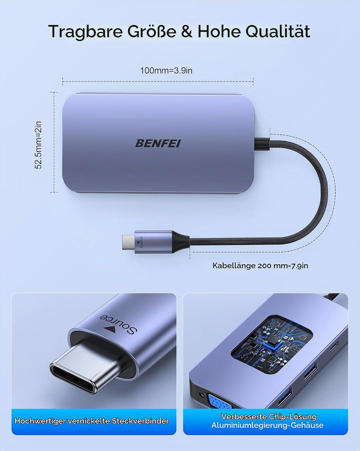 BENFEI USB C MST HUB-Docking Station 8-in-1, USB-C HUB mit 2*HDMI/1*VGA/3*USB 3.0/100W Power Deliver