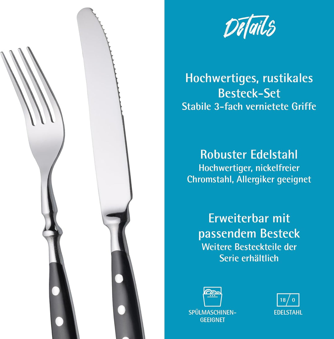 GRÄWE Besteckset, Nürnberg, 42-teilig, 6 Personen, Edelstahl, schwarzer Griff, rustikal, schwere Qua