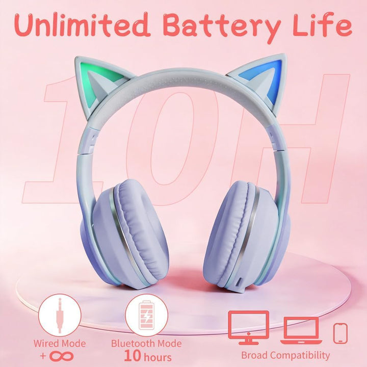 Kinder Bluetooth Kopfhörer, Katzenohr LED Lichter, Bluetooth 5.3 Stereo, Verstellbares Kopfband, 85d