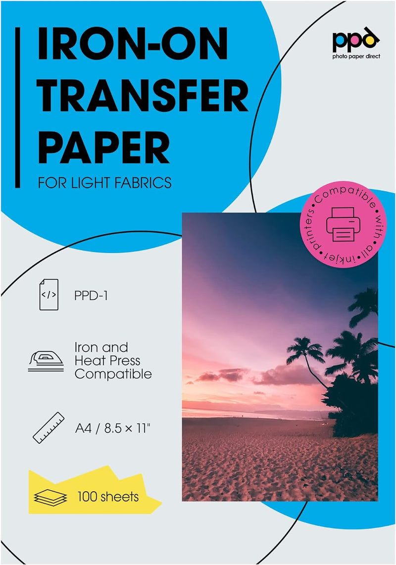 PPD 100xA4 Inkjet Premium Transferpapier für helles Textil, Bügeleisen und Transferpresse