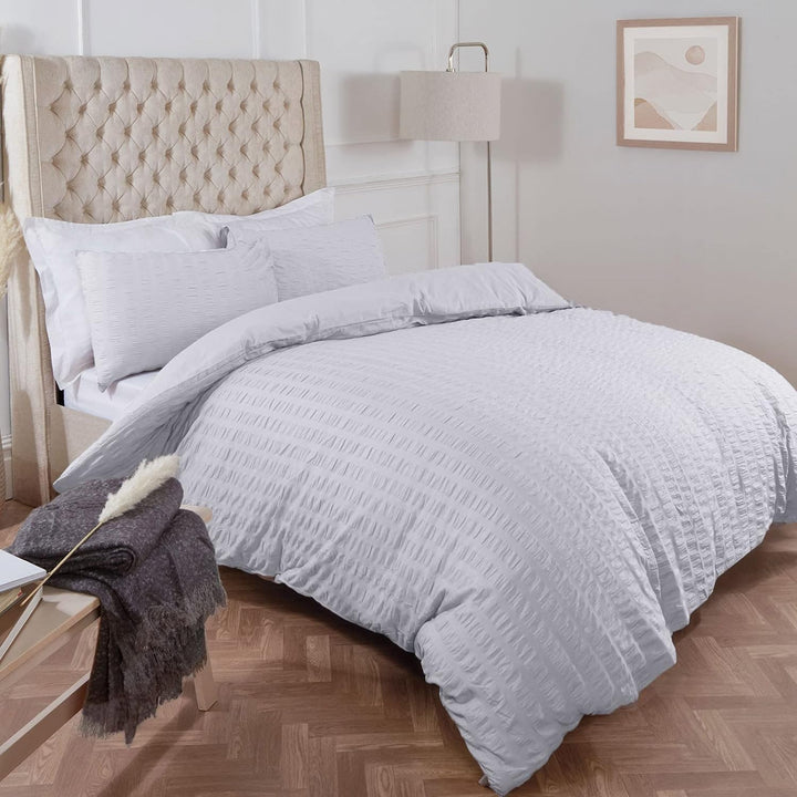Highams Seersucker Bettbezug mit Kissenbezug, Bettwäsche-Set, luxuriöses Weiss, Doppelbett One Size