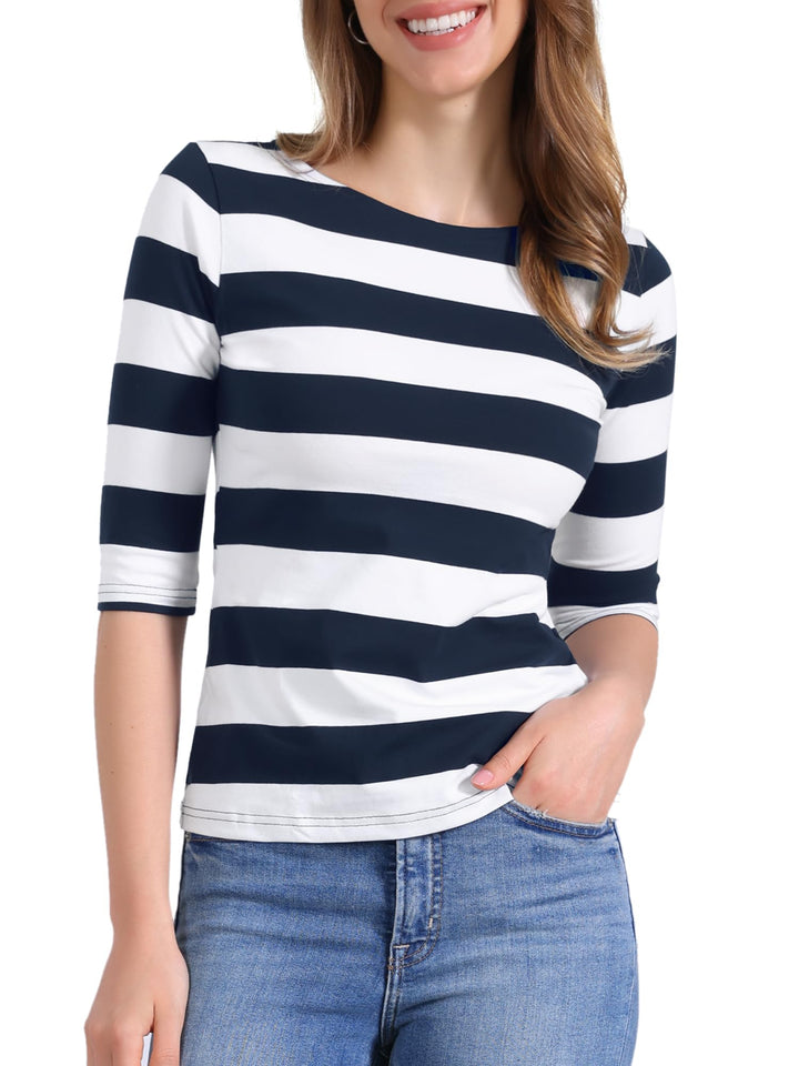 Allegra K Damen Gestreiftes Shirt U Boot Ausschnitt Halbarm Party Ferien Streifen Top Bluse XS Blau,
