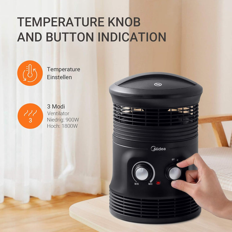 Midea NF18-17PA 1800W Mini Heizlüfter mit 360 ° Weit Verbreitete Oszillation, 2 Heizstufen, Programm