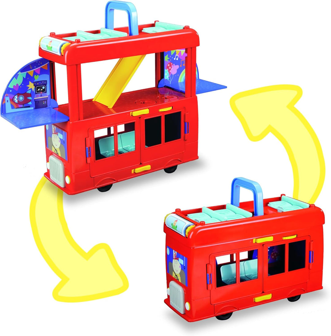 Peppa Pig Peppas 2-in-1 Party Bus Playset, Spielzeugauto mit vielen Accessoires und 3 beweglichen Fi