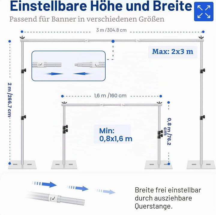 EMART Silberne Foto Hintergrund Ständer mit Stahlsockel, 2mx3m Verstellbarer Hintergrund Ständer Kit