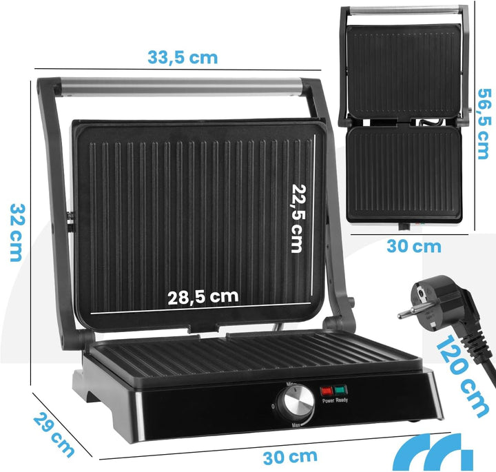 MalTec Kontaktgrill - Einstellbare Temperatur 180° aufklappbar. Grosse Grillfläche und hohe Power-Le