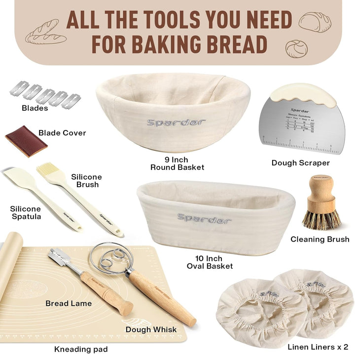 Spardar Brot Gärkorb Set, 23cm Runden und 25cm Ovalen Sauerteigkörben, 100% natürlichem Rattan, Gärk