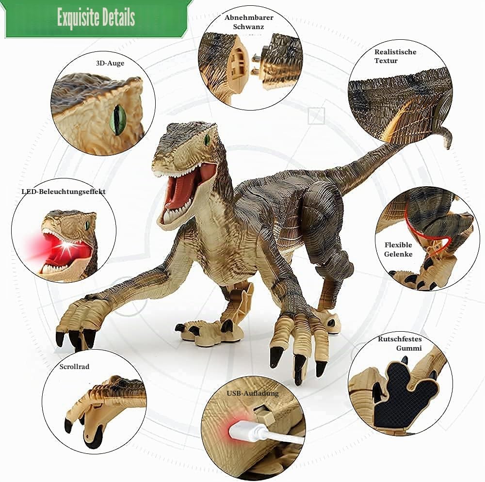 Fernbedienung Dinosaurier Spielzeug,Elektronisch Gehender Velociraptor mit LED-Beleuchtung&Realistis