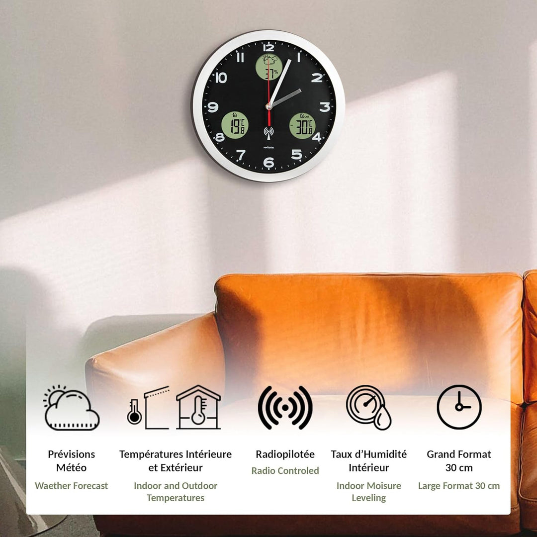FISHTEC Wanduhr Wetterstation - Digitale Anzeige: Wetterprognose + Innentemperatur/Aussentemperatur