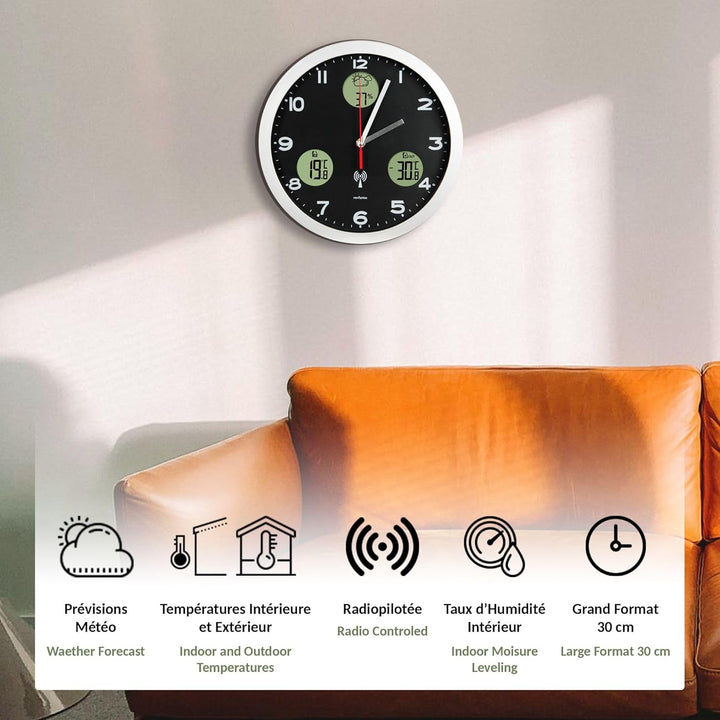 FISHTEC Wanduhr Wetterstation - Digitale Anzeige: Wetterprognose + Innentemperatur/Aussentemperatur