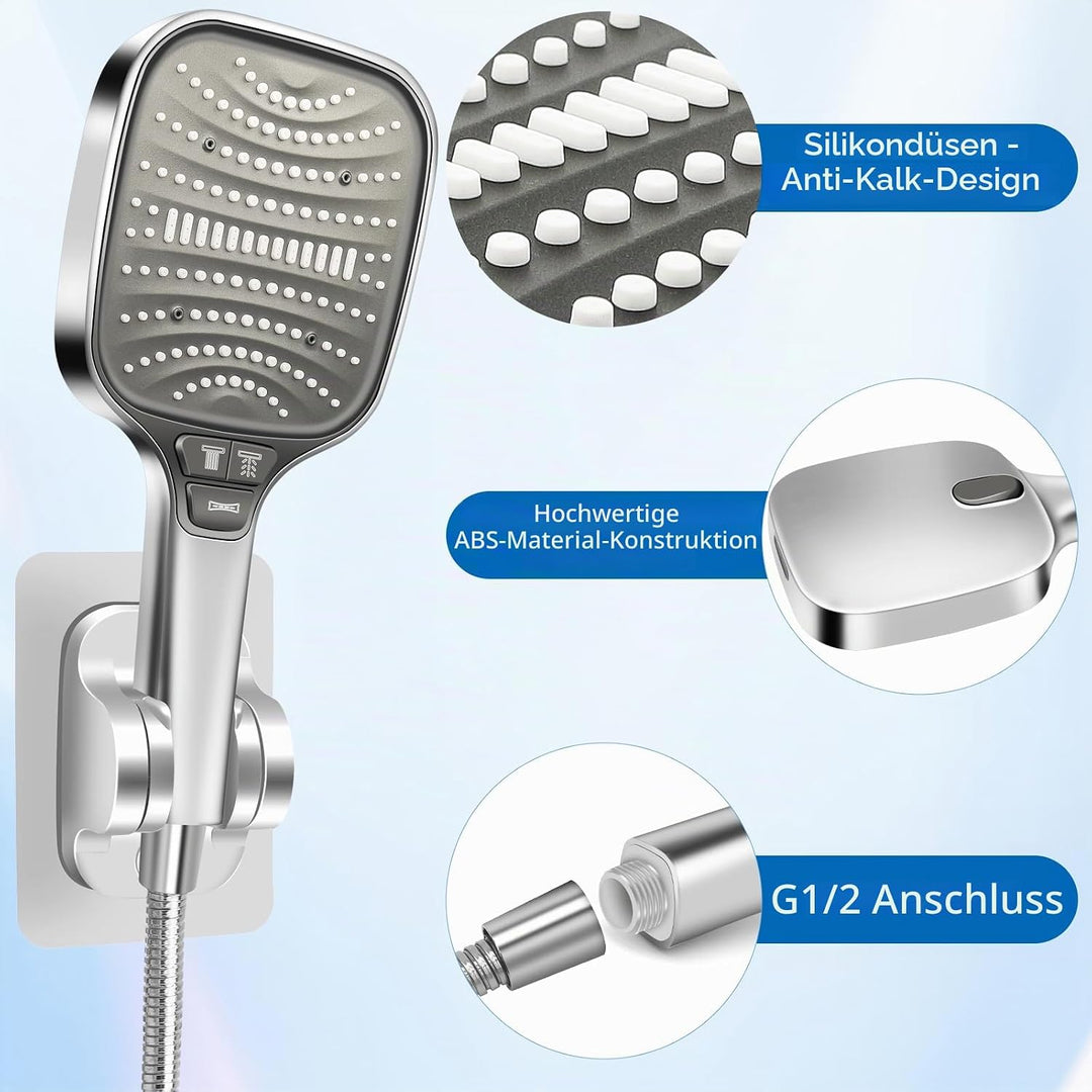HNOOM Duschkopf Set mit 1,5m Schlauch &amp; Halterung – XXL Hochdruck Regenduschkopf (120mm), 8 Strahlar