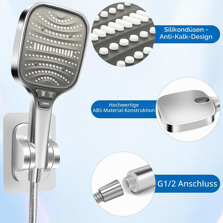 HNOOM Duschkopf Set mit 1,5m Schlauch &amp; Halterung – XXL Hochdruck Regenduschkopf (120mm), 8 Strahlar
