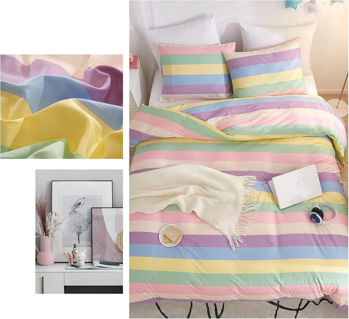 Freyamy Mädchen Bettwäsche 135x200cm Bunt Regenbogen Streifen Kinderbettwäsche 100% Microfaser Babyb