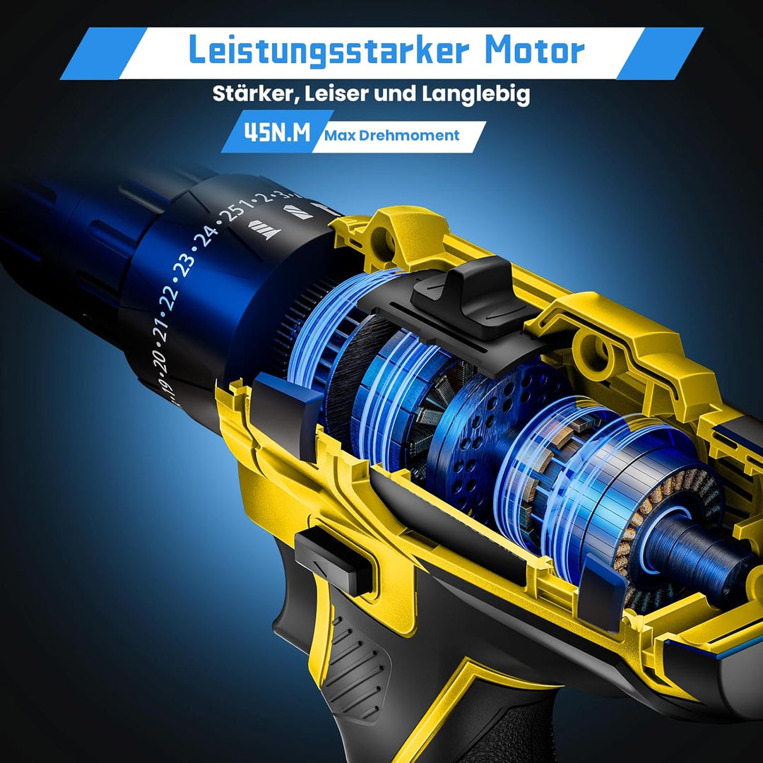 Akkuschrauber, 21V Akku Bohrschrauber Set mit 2 Akkus 2.0Ah, 45 Nm Max, 25+3 Drehmomentstufen,2-Gang