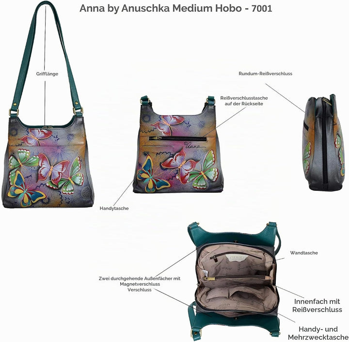 Anna by Anuschka Handbemaltes Original-Kunstwerk, echtes Leder – Tasche mit drei Fächern Denim Paisl