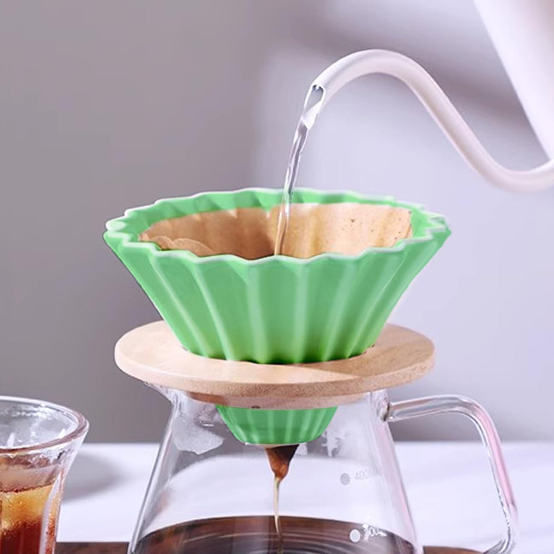 Keramik-Kaffeetropfer mit Holzbecherständer, zum Übergiessen, elegante Blumenform, V60-Sieb für 1–2