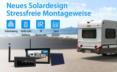 Lescars Display Rückfahrkamera: 2in1-Solar-Funk-Rückfahrkamera- & Überwachungs-Set, Full HD 7"-Monit