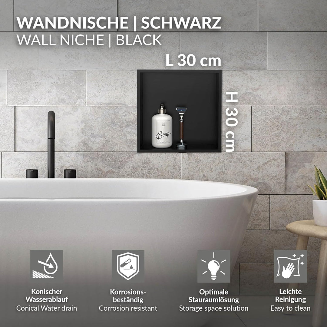 LuxeBath Wandnische aus Edelstahl, 30x30x10 cm, Schwarz, Duschnische mit Rahmen, Einbauregal, Flexib