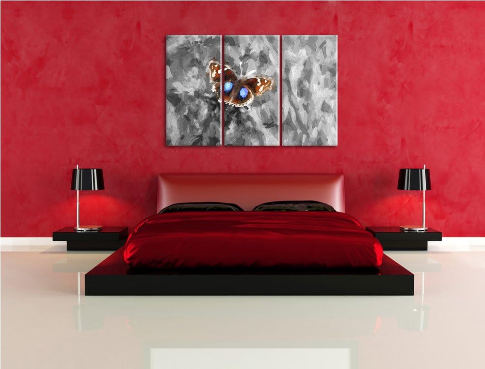 süsser Schmetterling auf Grashalm schwarz/weiss Deluxe 3-Teiler Leinwandbild 120x80 Bild auf Leinwan