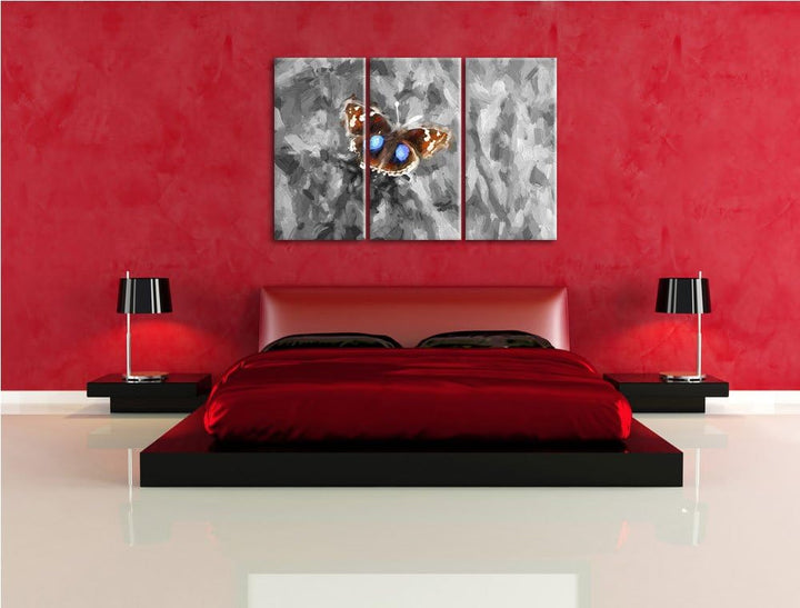 süsser Schmetterling auf Grashalm schwarz/weiss Deluxe 3-Teiler Leinwandbild 120x80 Bild auf Leinwan