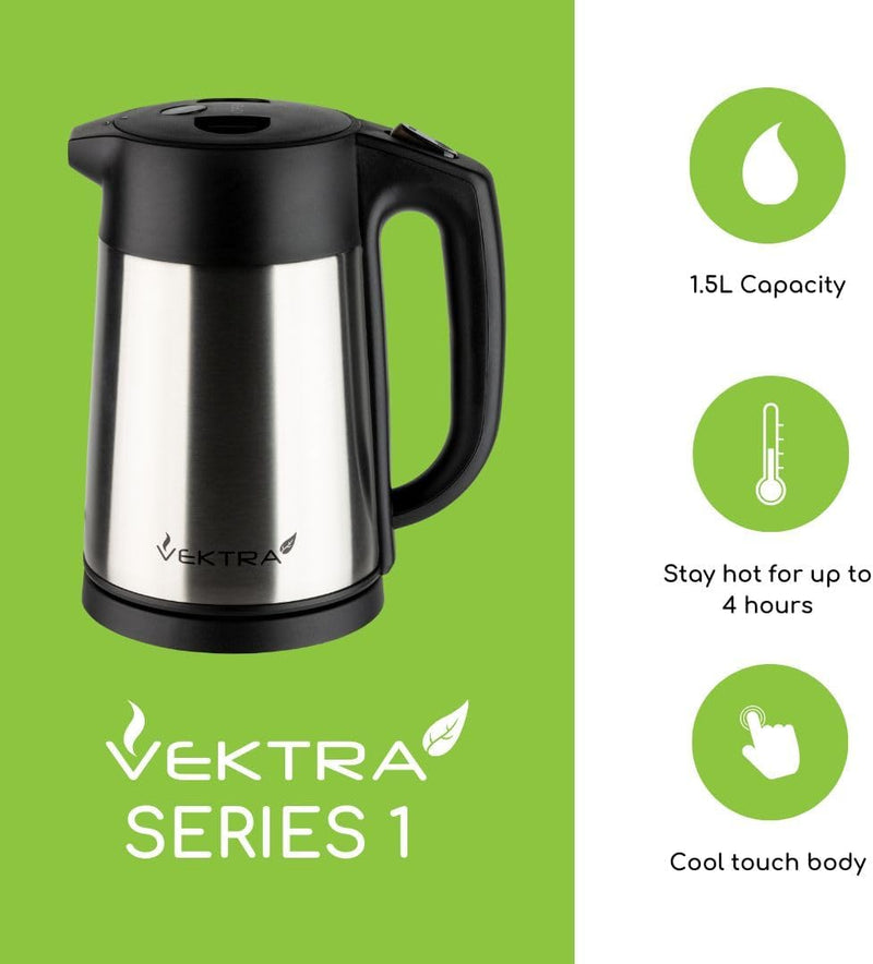 Vektra VEK-1506 Vakuumisolierter, umweltfreundlicher Easy Pour Akku-Wasserkocher, 1,5 Liter, Edelsta
