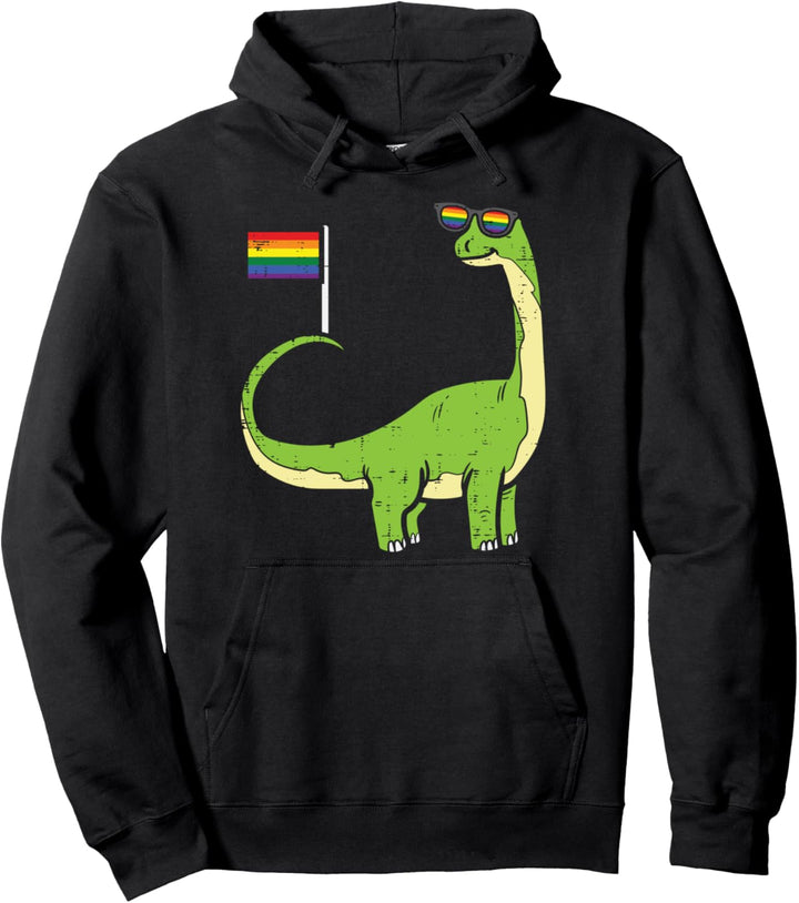 Brontosaurus Dinosaur Dino LGBTQ Rainbow Flag Gay Pride Ally Pullover Hoodie