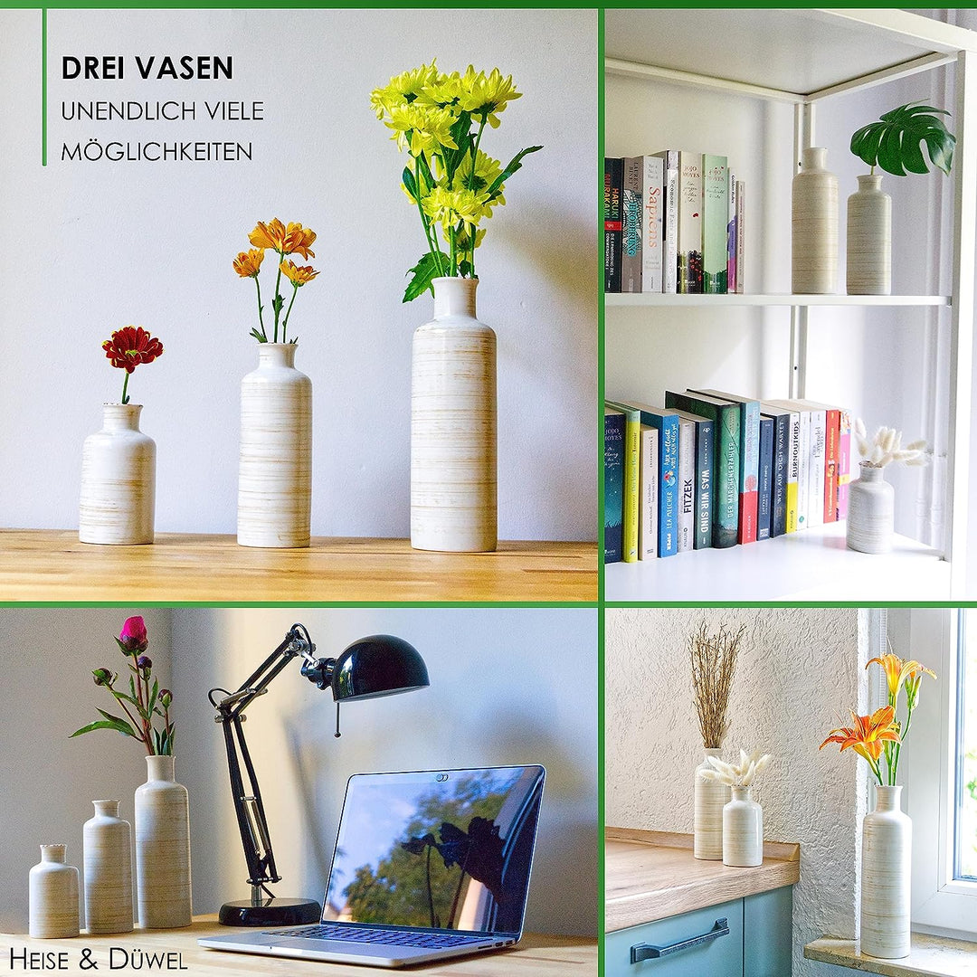 Heise &amp; Düwel | 3er Vasen Set | Rustikaler Stil | Boho Vase Beige | Blumenvase Modern | Kleine Vasen